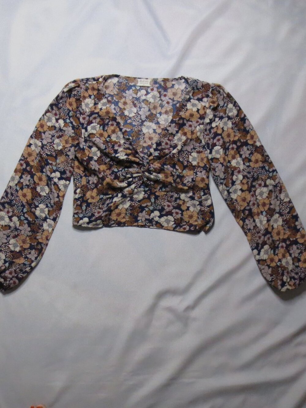 ALTAR’D STATE womens BLOUSE blue BOHO brown CROPPED floral TOP SIZE M